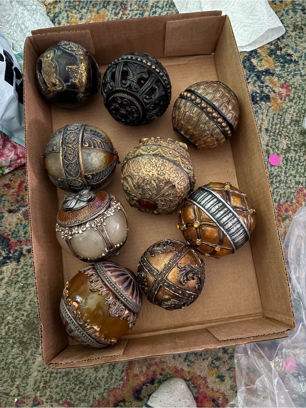 Antique Decorative Ornamental Spheres - Mixed Metallic and Amber Tones